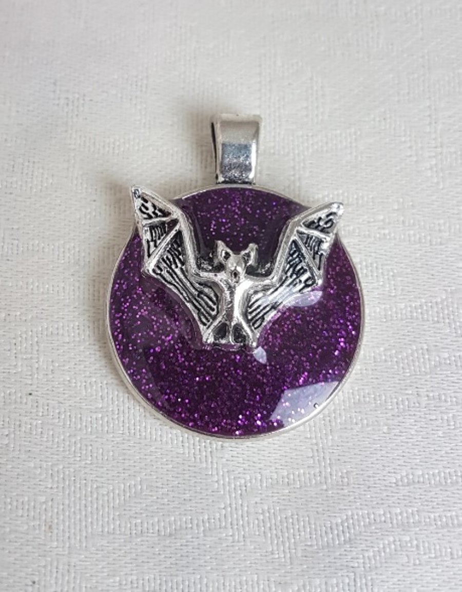 Unusual Purple Glitter Resin and Bat Charm Pendant on Chain - Silver tones