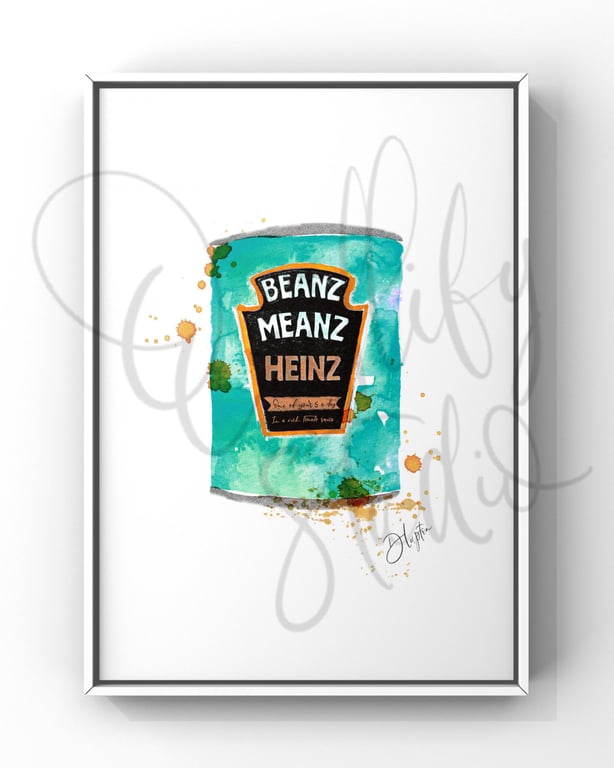 Hand Finished Watercolour A4 Art Print - Beanz Meanz Heinz Beans Can