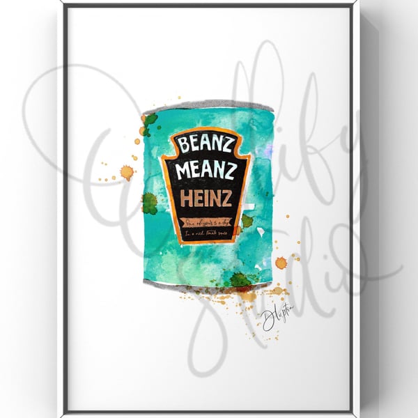 Hand Finished Watercolour A4 Art Print - Beanz Meanz Heinz Beans Can