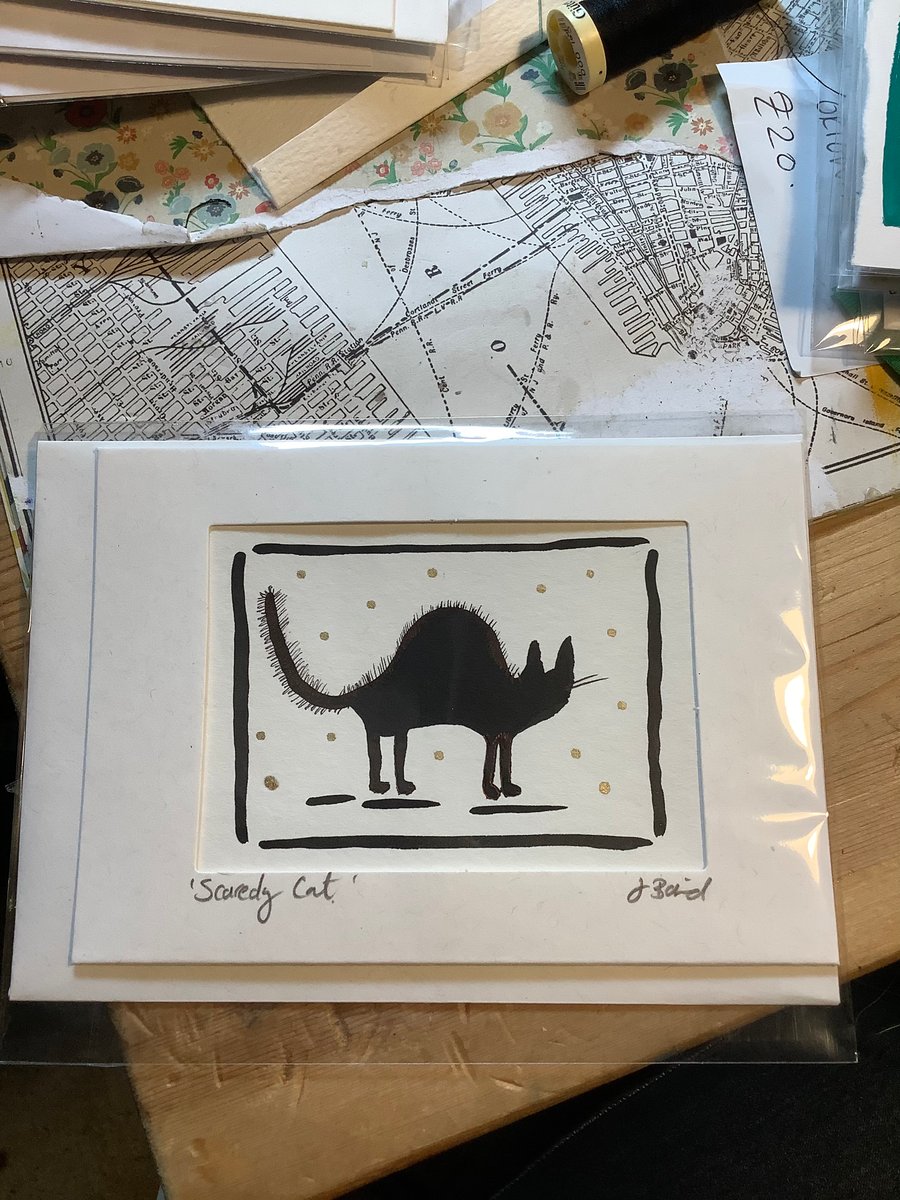 Scaredy cat. Blank card. Original art. Black cat. 