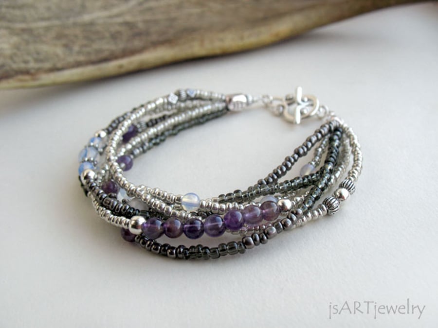 Amethyst, Moonstone, Howlite Bracelet, Multi Strand Bracelet, Gemstone Bracelet