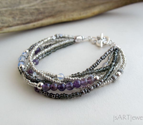 Amethyst, Moonstone, Howlite Bracelet, Multi Strand Bracelet, Gemstone Bracelet