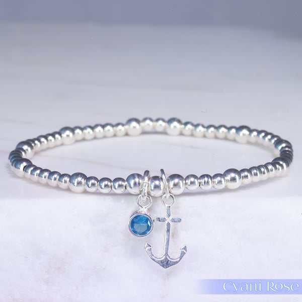 Anchor Bracelet Sterling Silver Stretchy blue glass 