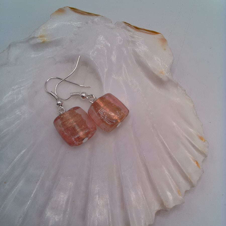 Earrings with a Raspberry Pink Square Bead, Gift for Her, Pink Square Earrings