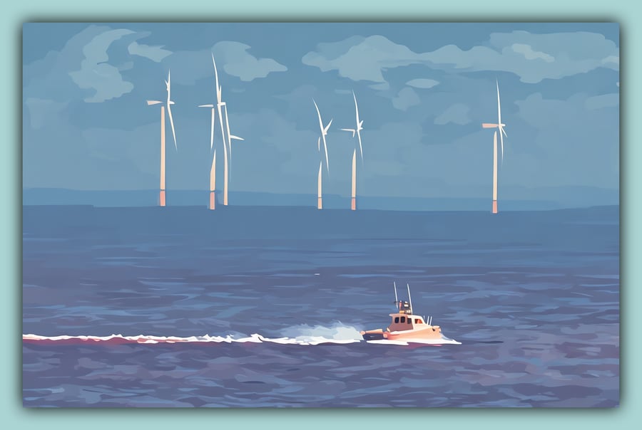 Motor Boat & Windmills Greeting Card A5