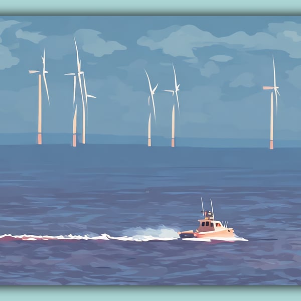 Motor Boat & Windmills Greeting Card A5