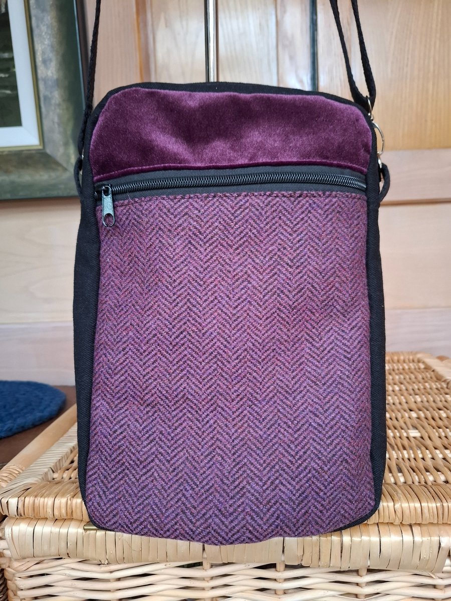 Purple velvet and tweed bag
