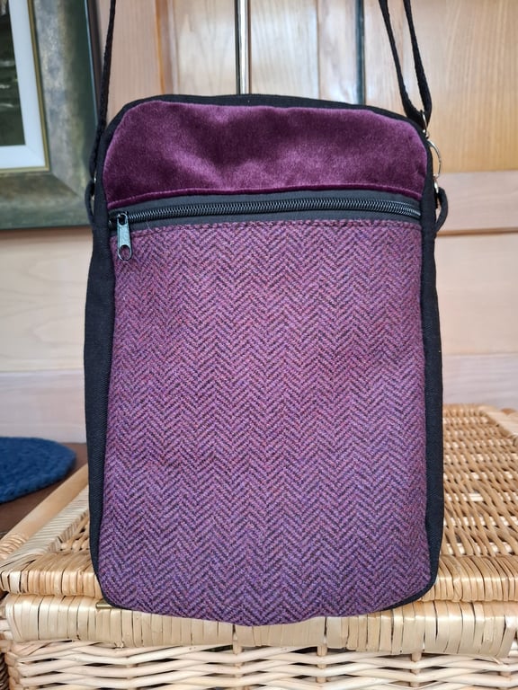 Purple velvet and tweed bag