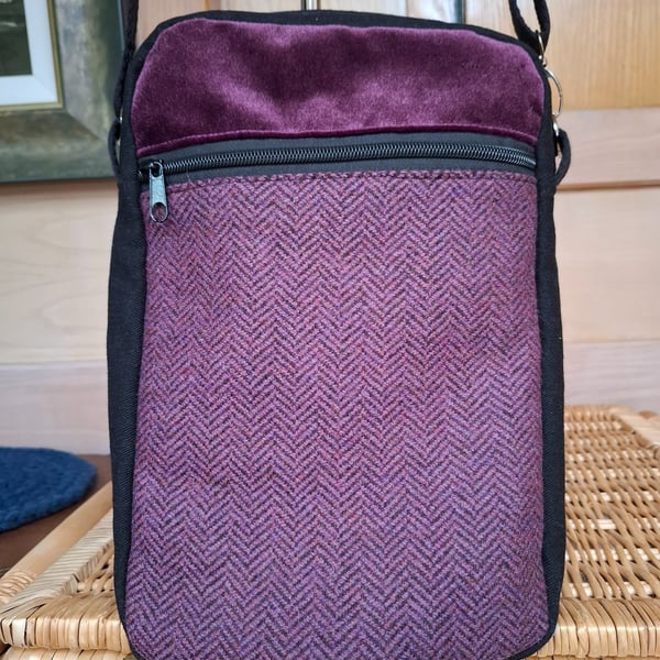Purple velvet and tweed bag