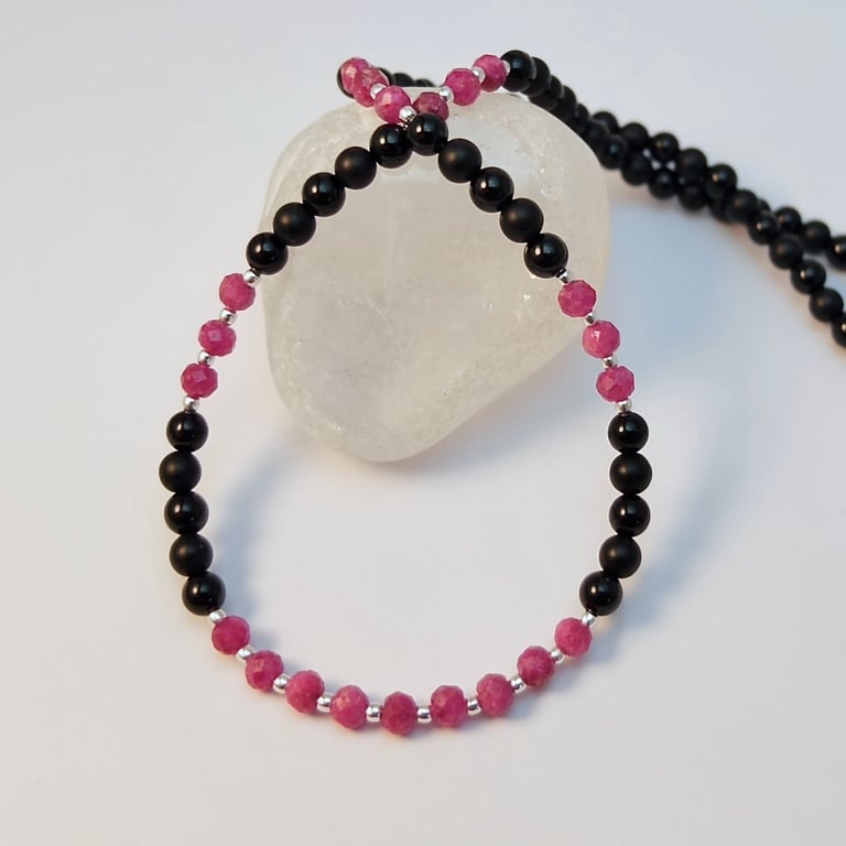 Ruby, Onyx & Sterling Silver Necklace, 40th Wedding Anniversary, July Birthstone