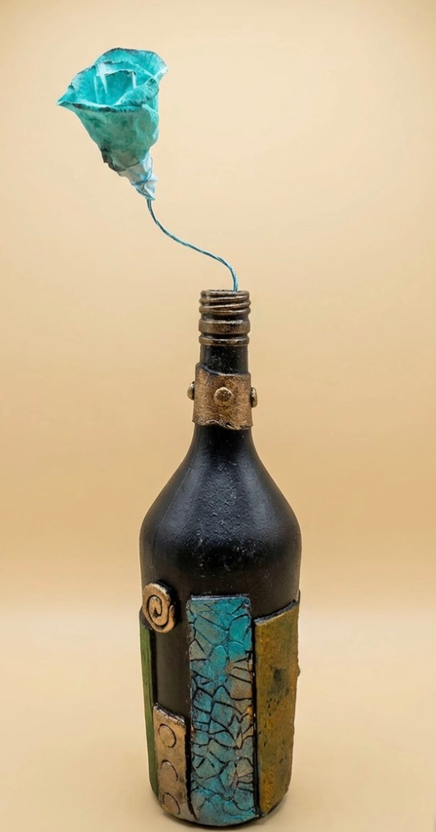 The Eternal Bloom" Hand-Sculpted Altered Bottle Clay Art Teal Rose & Bronze