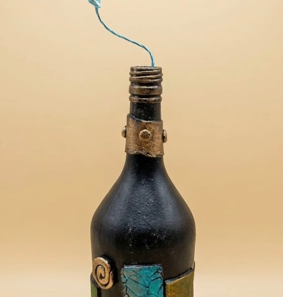 The Eternal Bloom" Hand-Sculpted Altered Bottle Art Teal Rose & Bronze Details