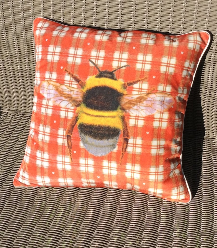 Velvet Bumblebee cushion. Free UK P&P. French weave design pillow.