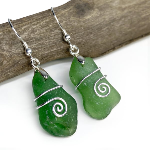 Sea Glass Earrings - Dark Green - Handmade Scottish Silver Wire Celtic Jewellery