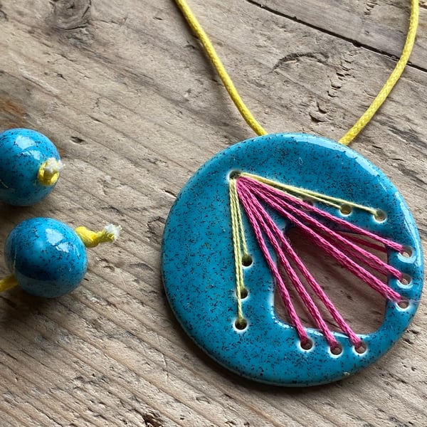 Blue Ceramic Stitched Statement Pendant Necklace