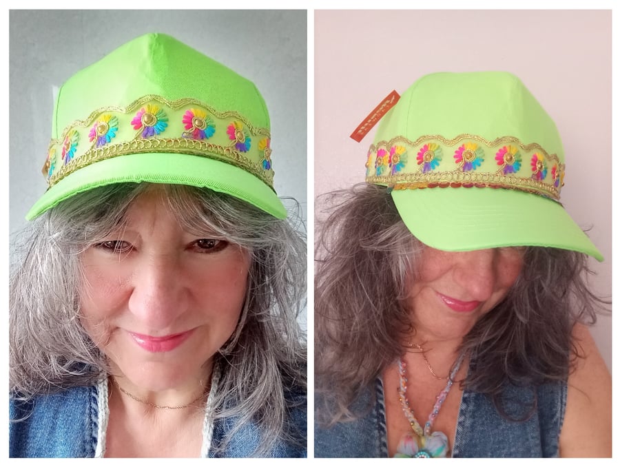 Lime Green Unique Embellished Summer Festival Holiday Baseball Cap 