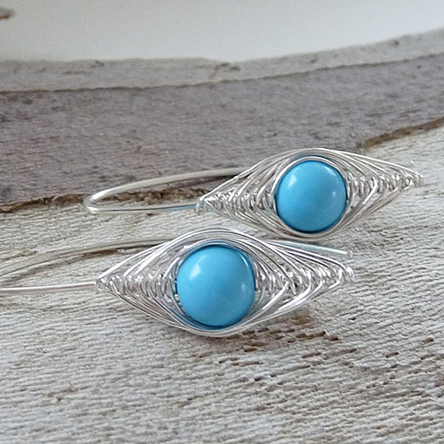 Turquoise in Herringbone Weave. Fine Silver and Sterling Silver.