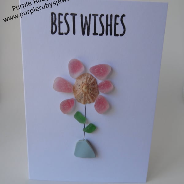 Red Sea Glass Flower in Sea Pottery Vase Best Wishes Birthday Card C326