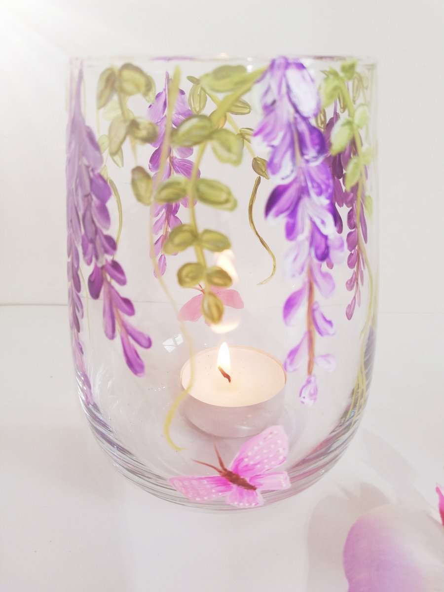 Hand Painted, Wisteria, Stemless Glass, Floral Tealight Holder, Vase, Candle 