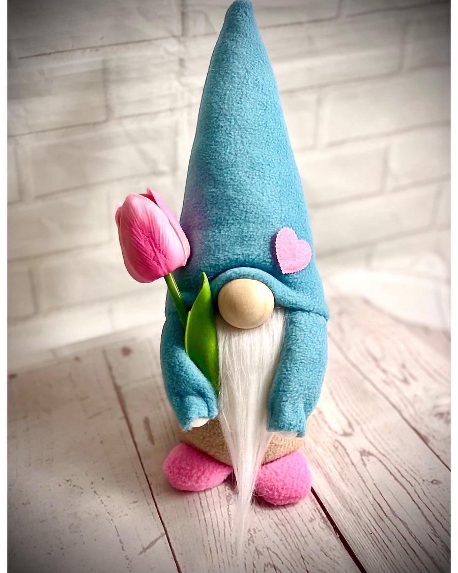 Handmade Duck Egg Blue Nordic Gnome with tulip, Gonk, Swedish Tomte, Gnome