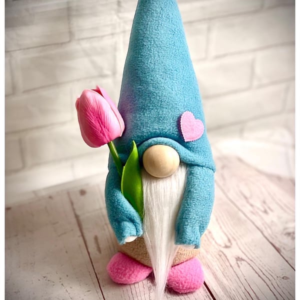 Handmade Duck Egg Blue Nordic Gnome with tulip, Gonk, Swedish Tomte, Gnome