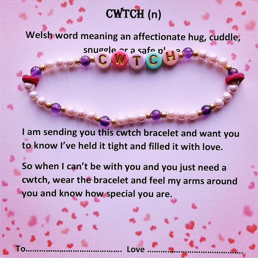 Welsh Word Cwtch or Hug Amethyst Crystal Stretchy Bracelet 7 inch