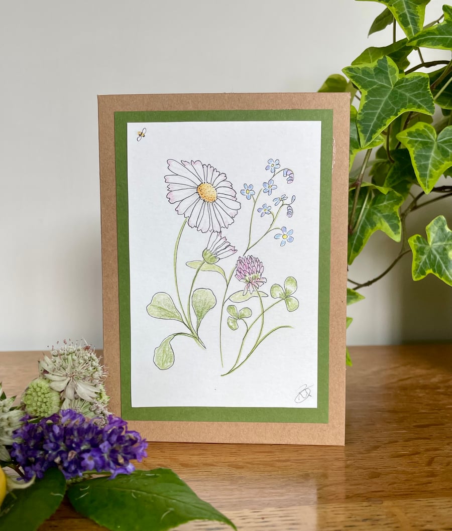 Greetings card, original artwork, wildflowers, blank, birthday