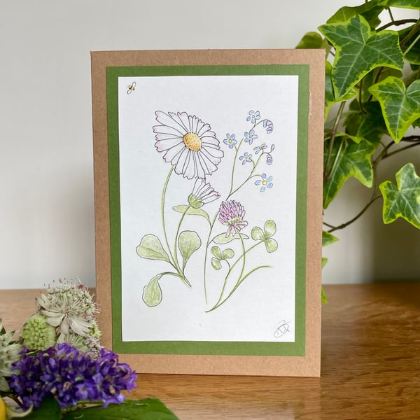 Greetings card, original artwork, wildflowers, blank, birthday