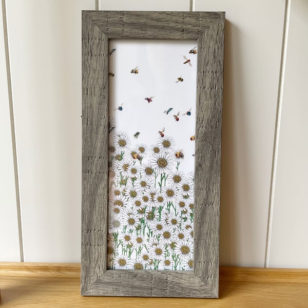 'Daisies and Bees' 10" x 4" Framed Print