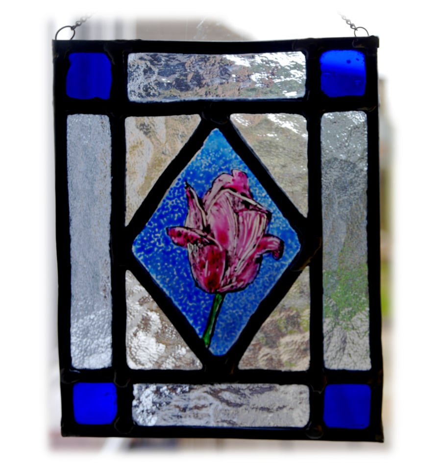  Glass Flower Painting Traditional Leaded Glass Tulip Picture 