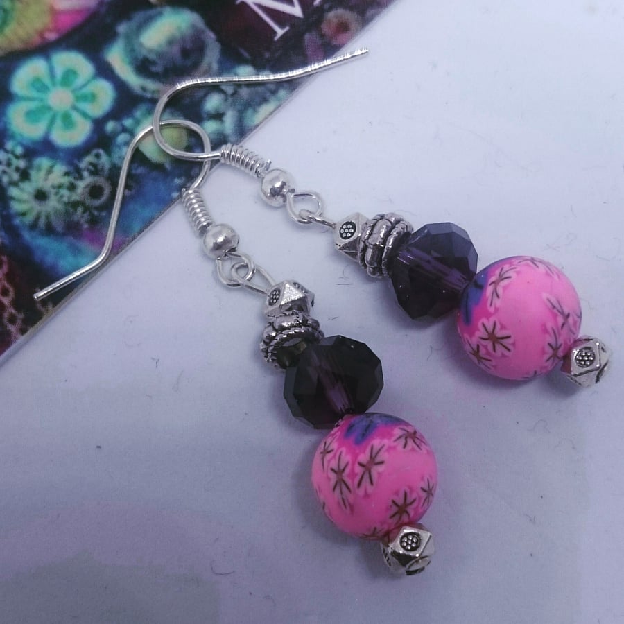 Lovely Dangly Sterling Silver Earrings  with Pinks and Amythyst Crystal