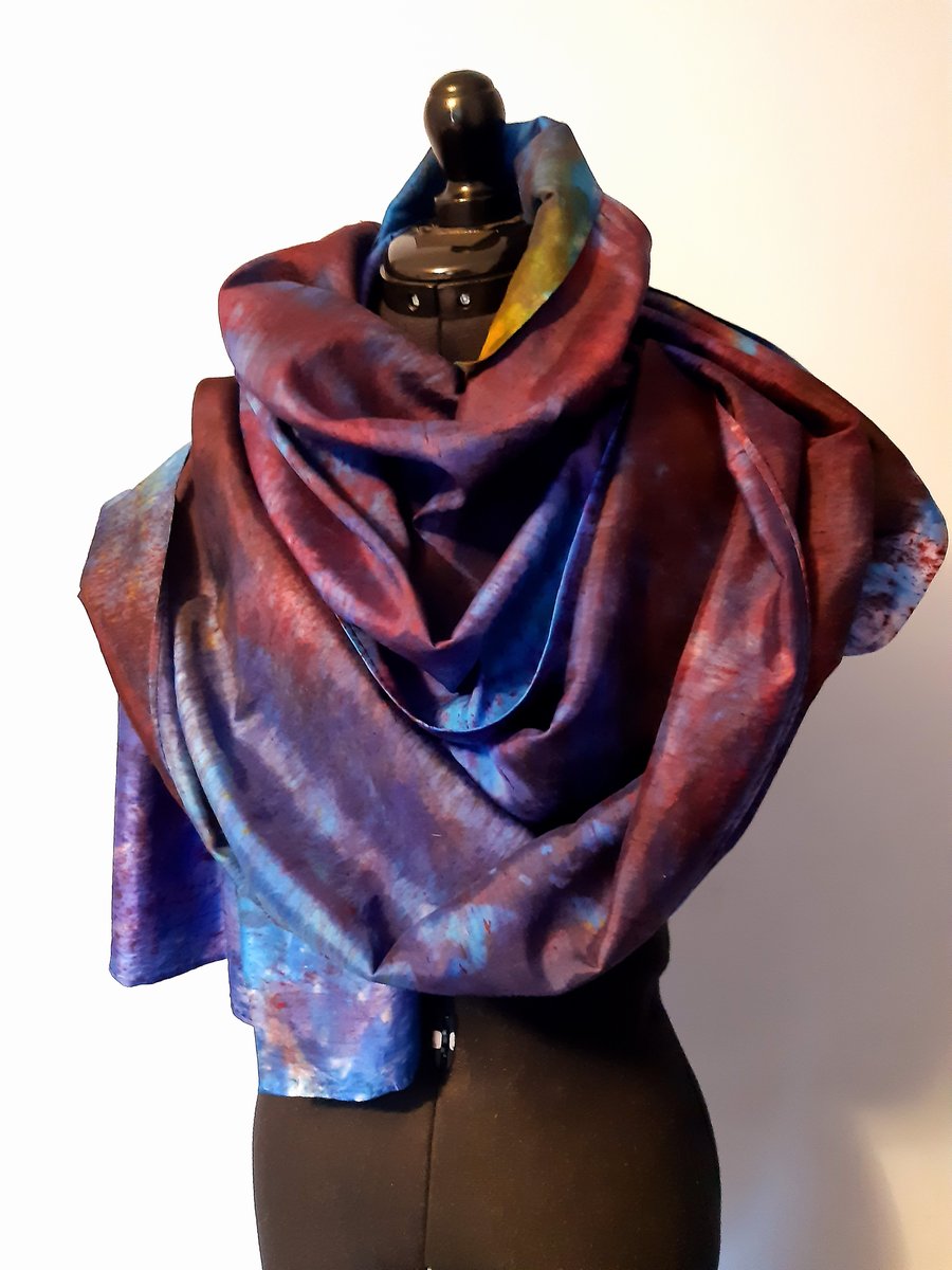 Long silk hand dyed scarf, shawl or wrap - multicolour purple blue yellow pink