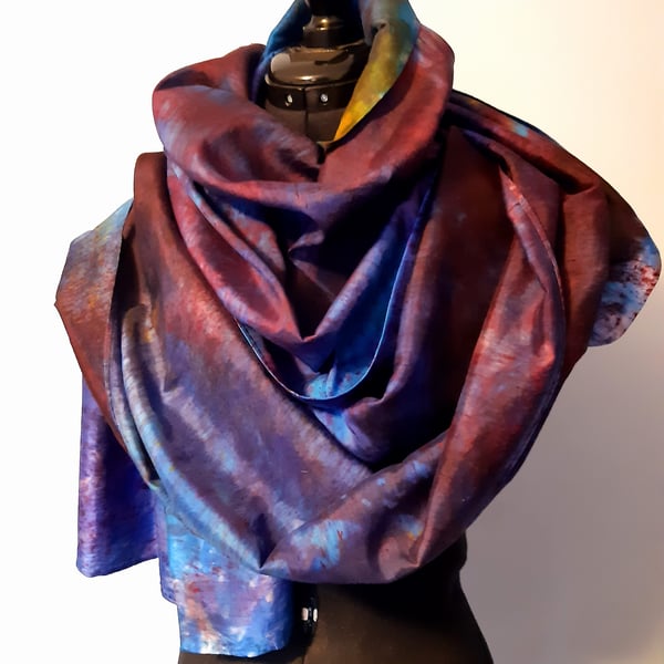 Long silk hand dyed scarf, shawl or wrap - multicolour purple blue yellow pink