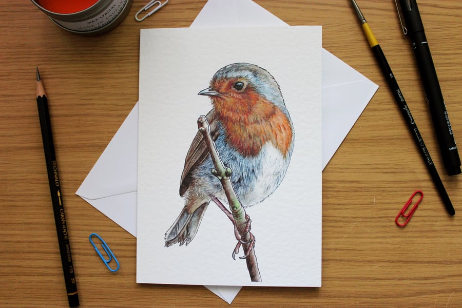 Robin Greeting Card - Blank Greeting Card, Wildlife Art Card, Free UK Post