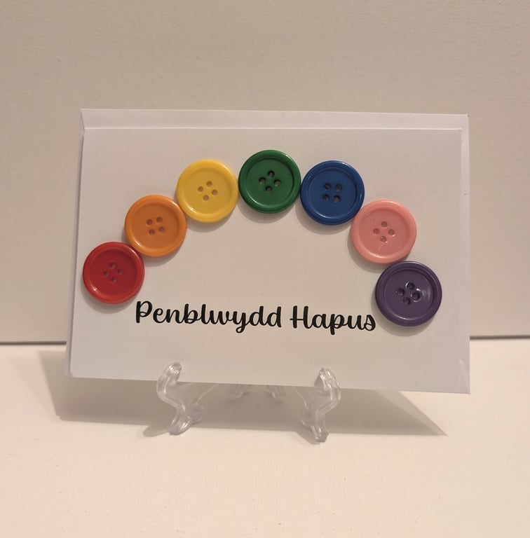 Penblwydd Hapus Happy Birthday button rainbow greetings card 