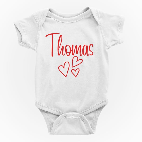 Personalised Shortsleeve Baby Grow -- Personalised Name (and 3 hearts)