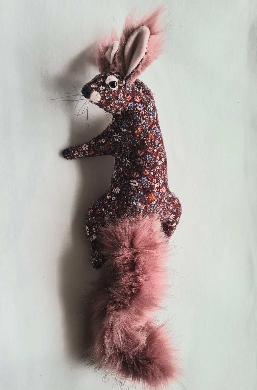 Faux squirrel wall mount in floral maroon velvet with pink tail - Swifty