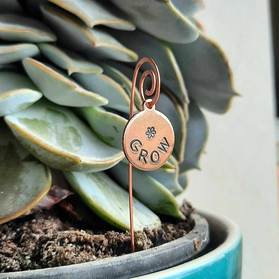 Copper Plant Pot Stake - House Plant Decor - Hand Stamped