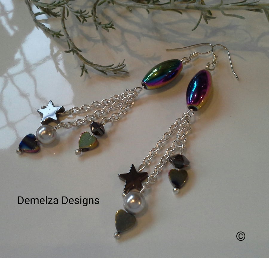 Rainbow Heamotite, Shell Pearl Dangle Earrings Silver Plated 