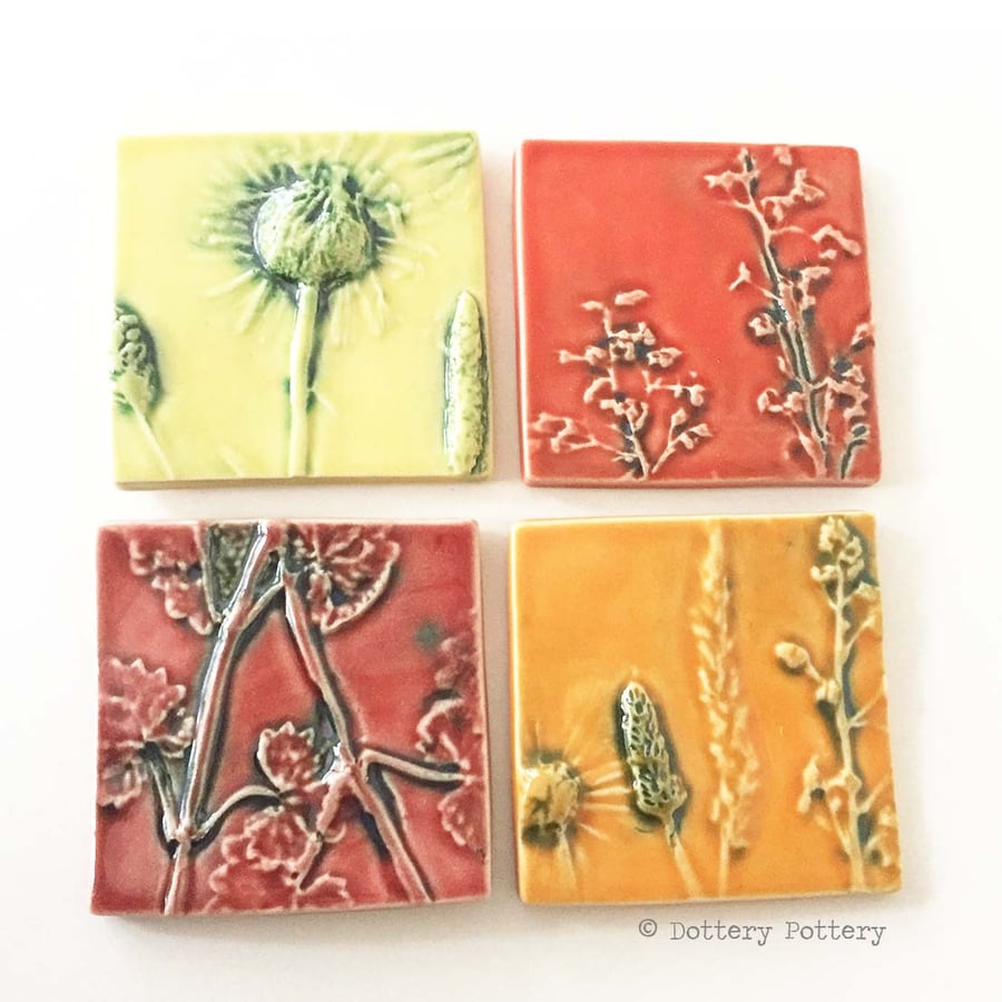 30% OFF Set of four ceramic tiles with flower pattern bright glazes red, orange