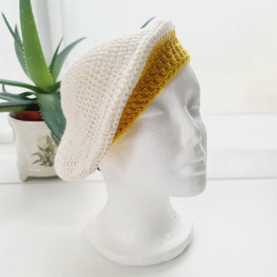 Crochet Beret Hat, Cream & Gold