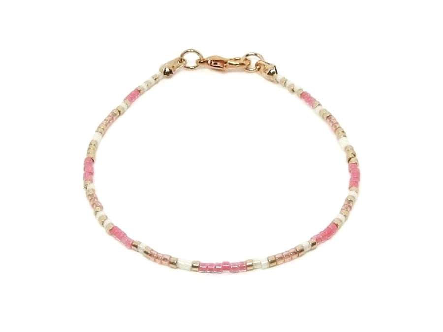 Pink White & Light Gold Stacker Seed Bead Anklet - Minimalist Anklet - 9" - 14"