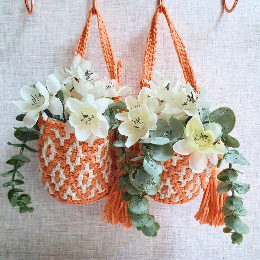 Hanging Baskets, Mosaic Crochet Storage Basket With Tassel, Coral & White