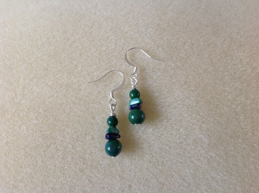 Green and blue gemstone silver earrings ( Slim Exotic mix )