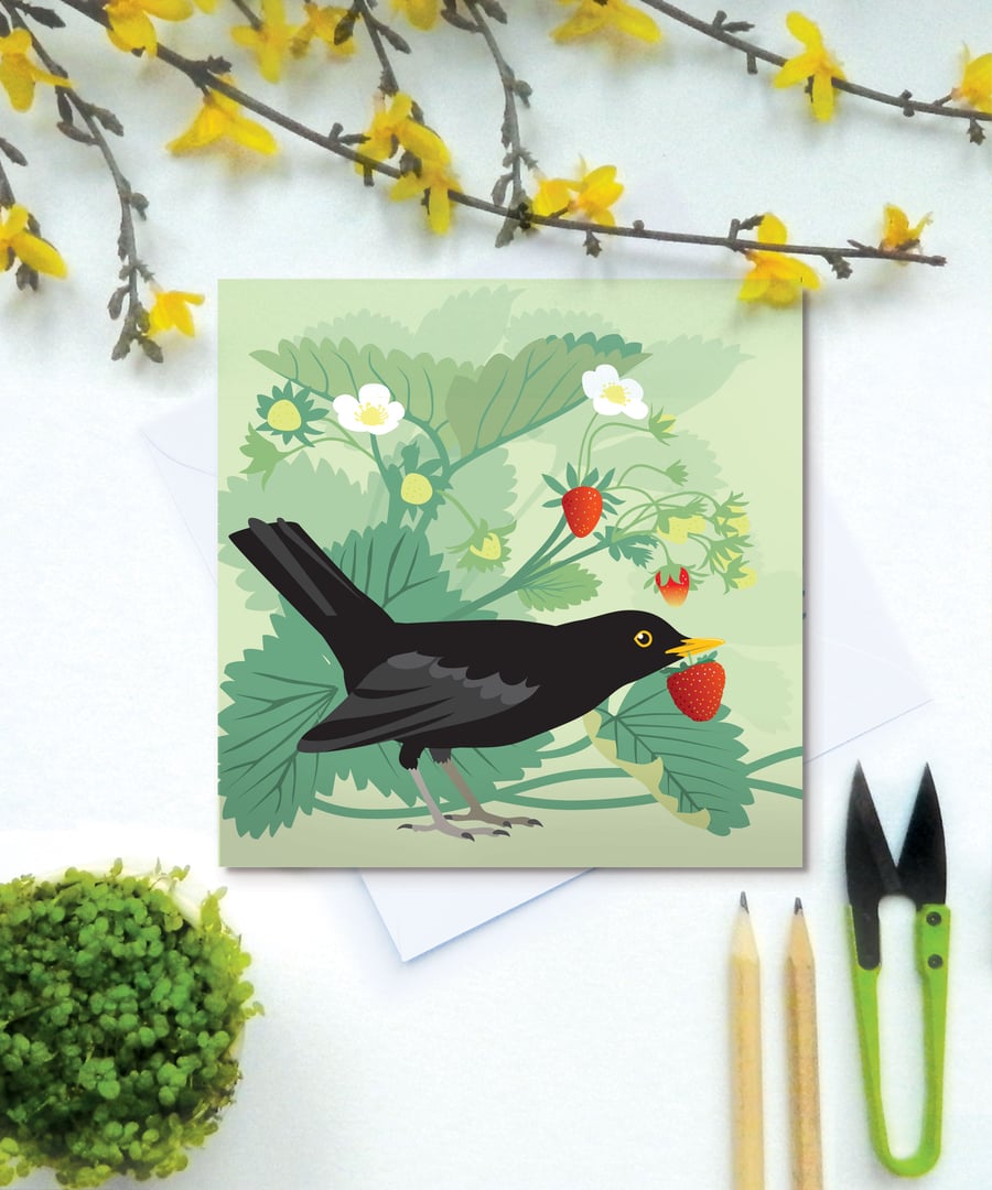 The Strawberry Thief Card - blackbird, birthday, summer