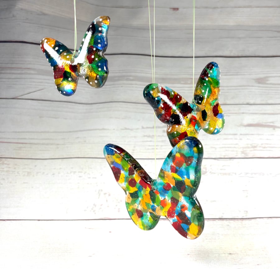 Hanging fused glass butterflies ( garden or home) 