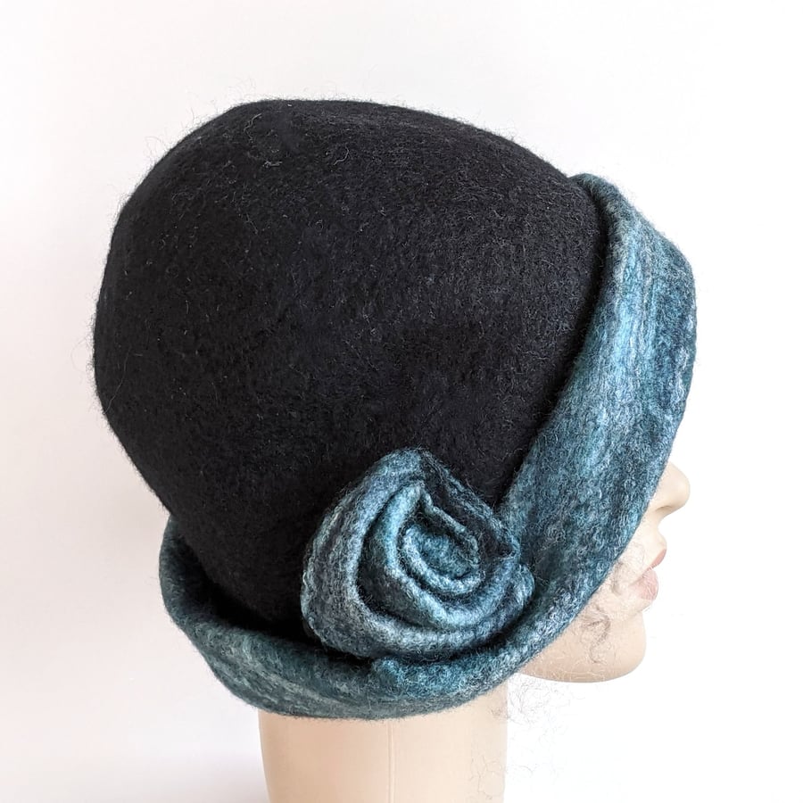 Felted wool cloche hat - black with tweedy teal brim 