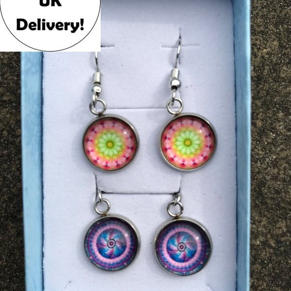 Glass Mosaic Effect Drop Earrings - 2 pairs - Pink & Blue