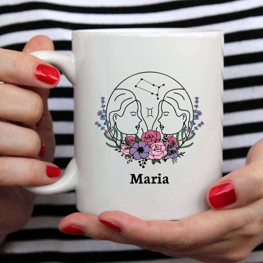 Gemini Floral Zodiac Mug - Customizable 11oz Ceramic Coffee Cup with Star Sign