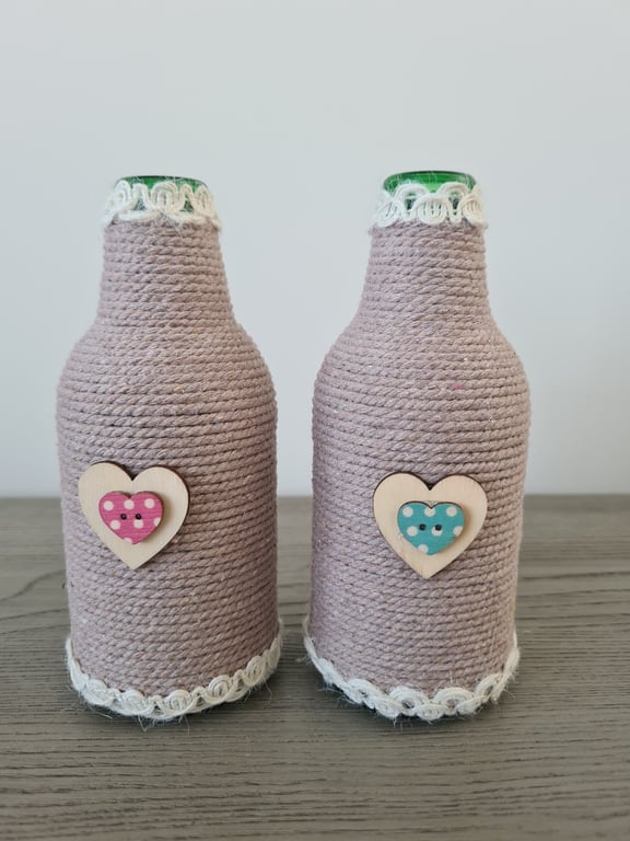 Set Of 2 Neutral Rope Wrapped Bottles-Heart Detail-Rustic Home Decor